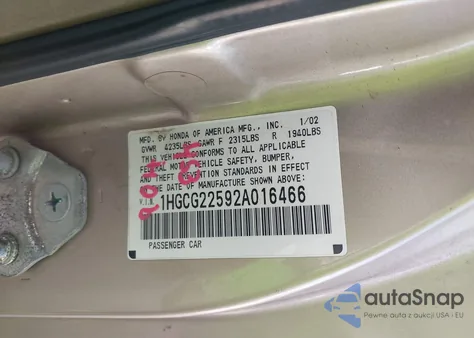 2002 Honda Accord 3.0 Ex z USA, uszkodzony, nr VIN 1HGCG22592A016466